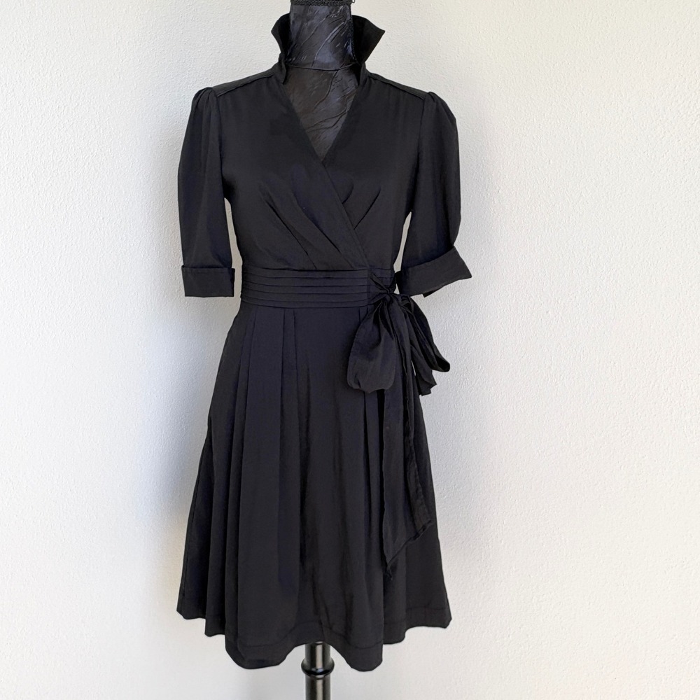 White House Black Market Wrap Dress Pleated Waist Pockets, Womens 2 Black